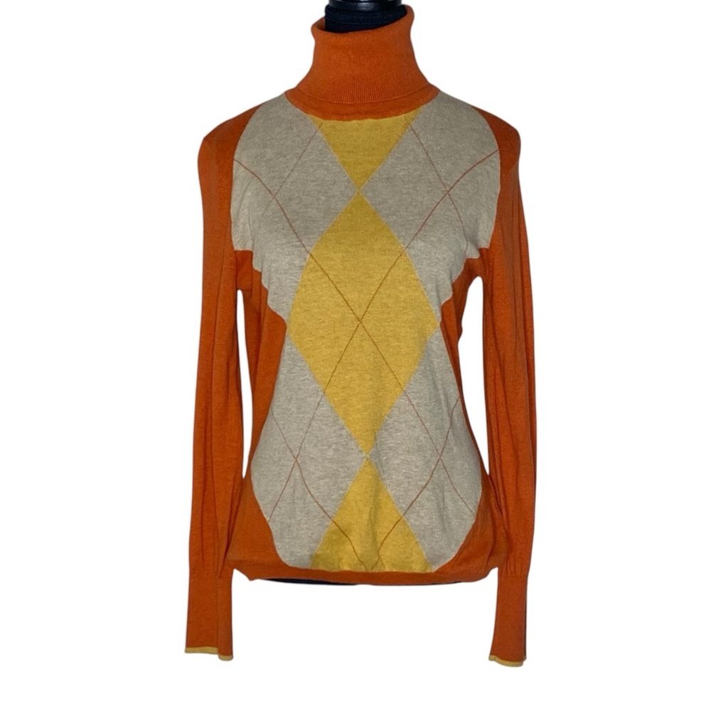 MEXX Argyle Turtleneck Lightweight Sweater Orange Yellow Beige Earth Tones XL